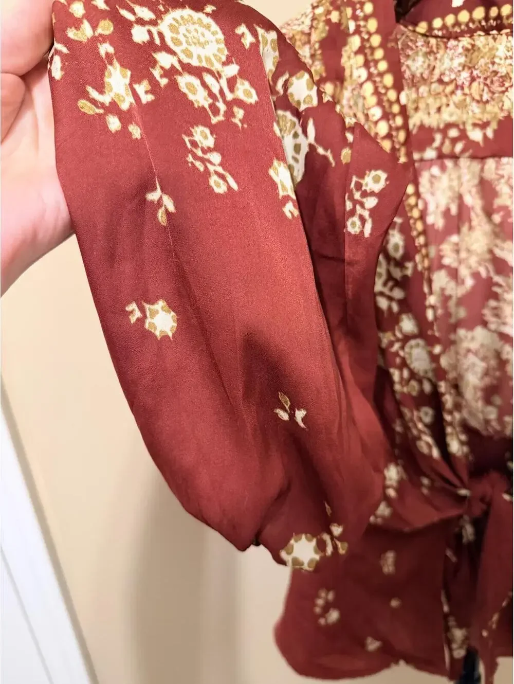 Free People Boho Tie Front Blouse Women’s XS Burgundy Floral Long Sleeve Top